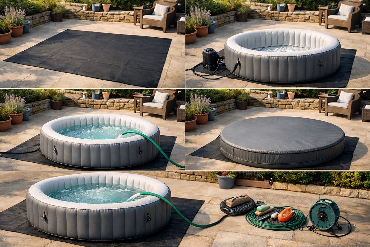 A step-by-step setup scene on a level terrace: a prepared ground mat laid out first, then an inflatable jacuzzi being inflated with a hose, followed by water filling, a cover placed nearby, and gardening tools and a power connection kept neatly to the side
