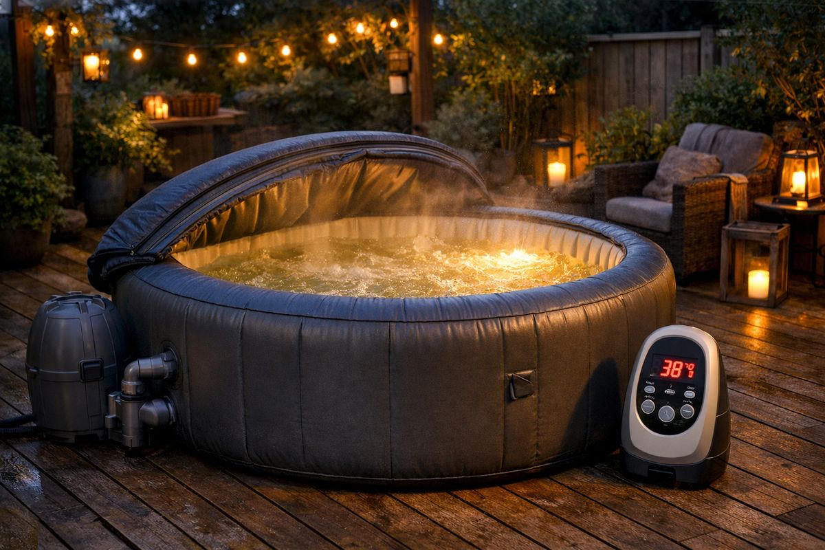 Een opblaasbare jacuzzi op een terras met de afdekking half open, een aangesloten pompunit en een thermometerachtige bedieningseenheid naast de spa, in een koele avondtuinsfeer met damp boven het water en een warme lichtgloed van binnenuit